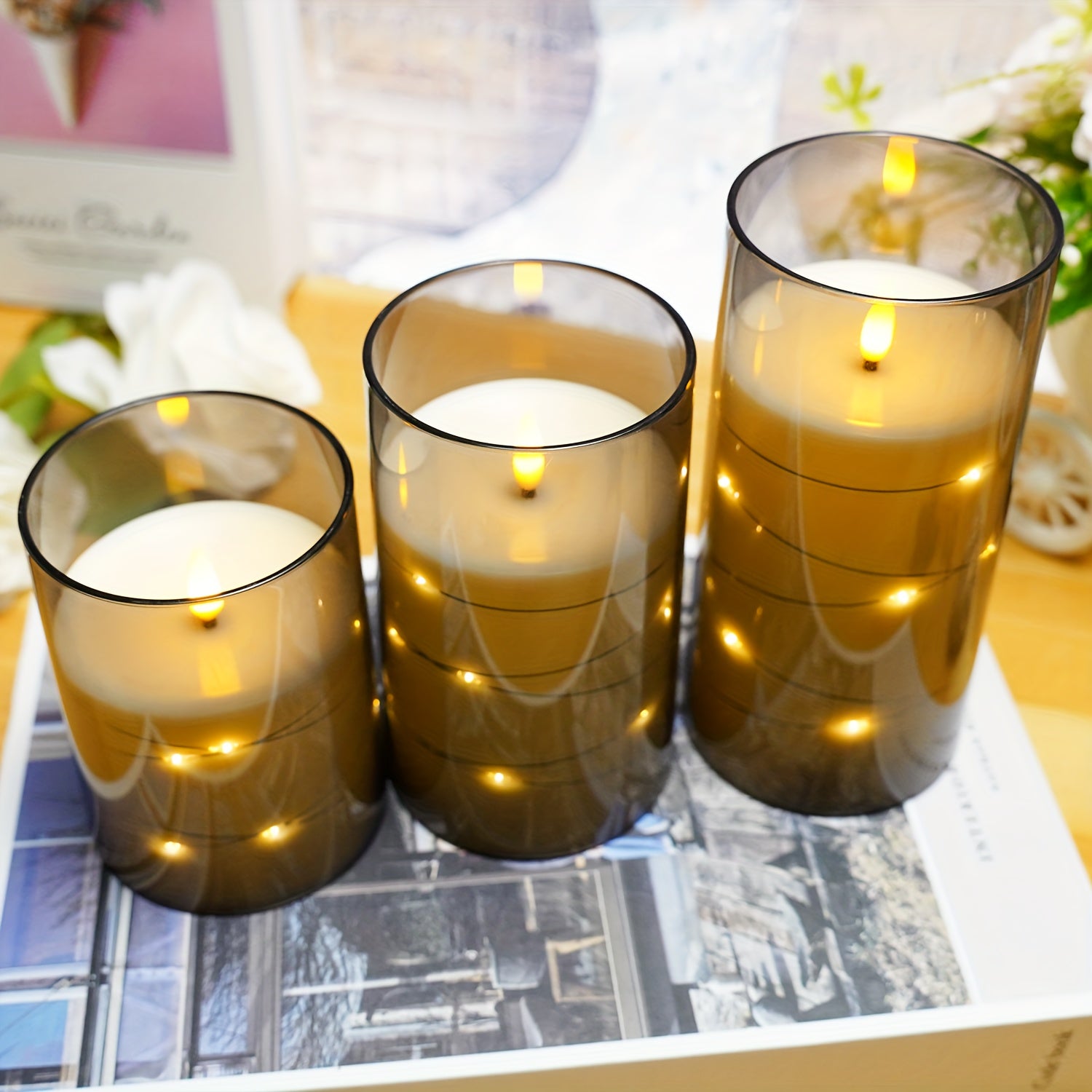 Candele LED senza fiamma con ghirlanda luminosa a forma di stella – Confezione da 3 grigie (D3*H10,16cm12,7cm15,24cm) Include telecomando e timer