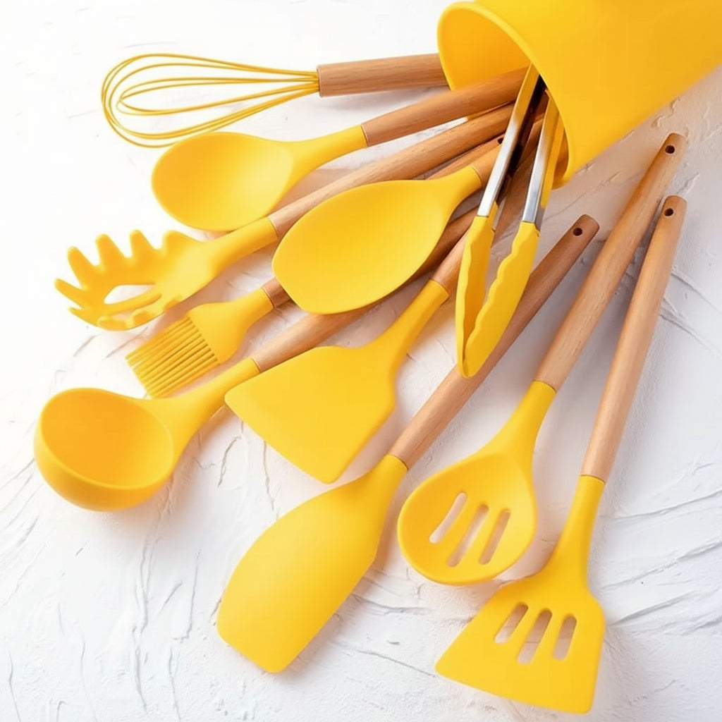 Kitchen Utensil Set Silicone Wooden Handles Heat Resistant