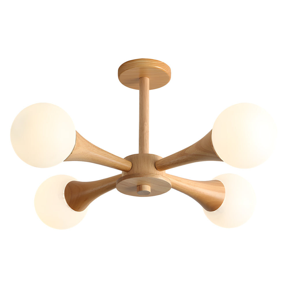 NordicGlow - Scandinavische Houten Kroonluchter met Glazen Lampenkappen