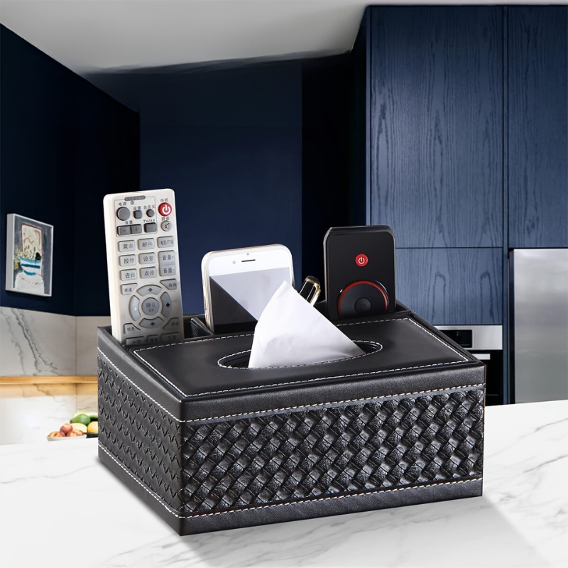 Scatola multifunzionale in ecopelle per fazzoletti e conservazione – Quattro scomparti per telecomando e fazzoletti