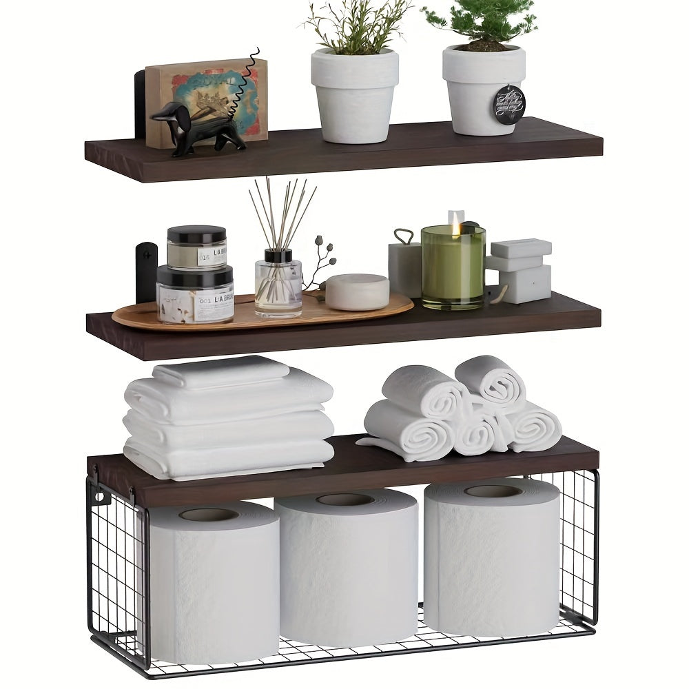 ShelfSet - Wooden Floating Storage Racks - Set of 3 Bathroom Shelves