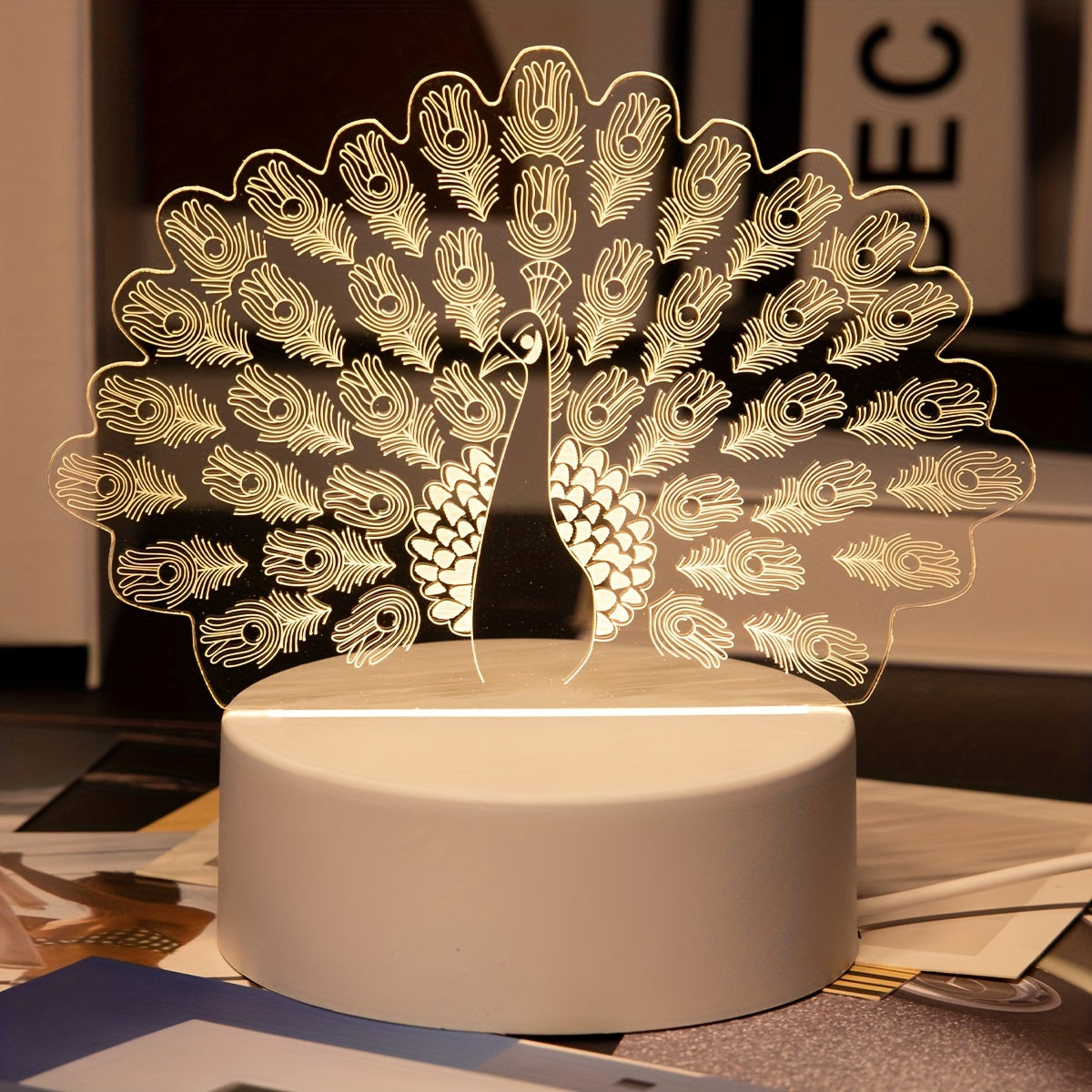 LumiPauw - Lámpara de escritorio LED creativa alimentada por USB, moderna lámpara de noche pavo real