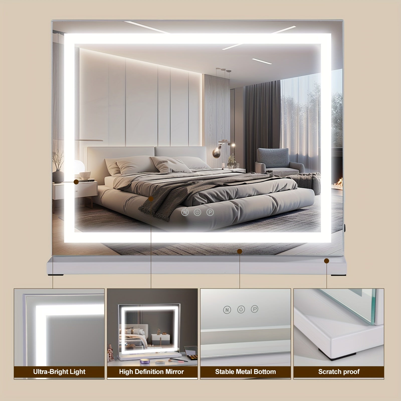 LED Make-up Mirror – Horizontal Light Strip, Smart Touch Control, USB-Powered, Portable Glowing Mirror