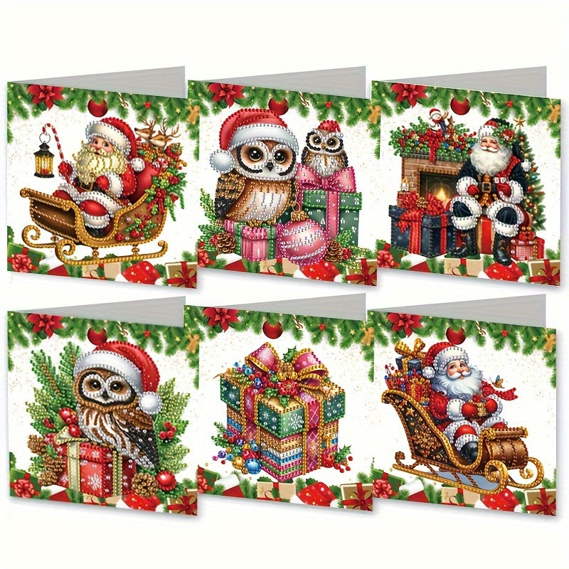 Set de 6 Tarjetas de Pintura de Diamantes Navideñas - Set Festivo Hecho a Mano con Motivos de Santa, Búho y Regalos para Deseos Navideños, Forma de Diamante Irregular