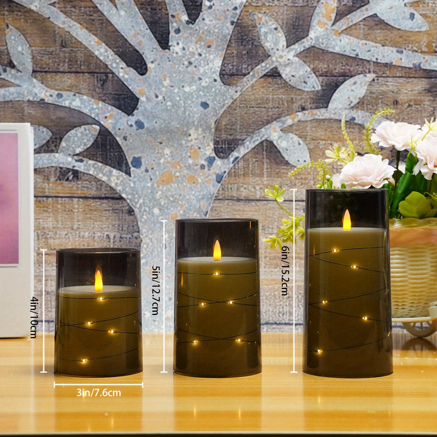 Candele LED senza fiamma con ghirlanda luminosa a forma di stella – Confezione da 3 grigie (D3*H10,16cm12,7cm15,24cm) Include telecomando e timer