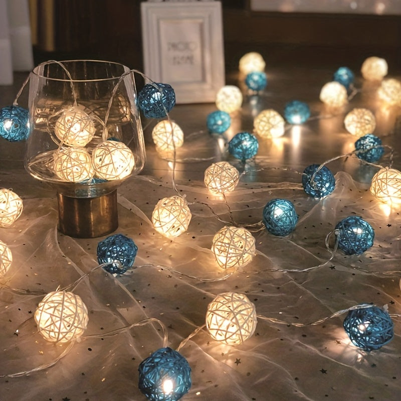 LuxeGlow - Blue White Rattan Light Strings 2m 20 LEDs, Battery-Powered Decorative Lighting