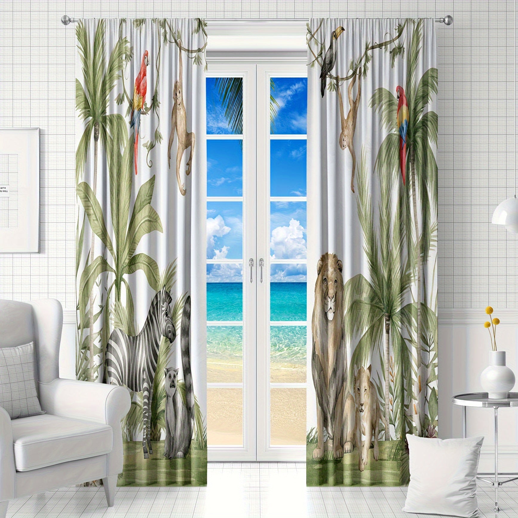 Tende Safari nella Giungla Classiche - 2 Pezzi in Satin Poliestere Traslucido con Stampa Animali per Camera da Letto