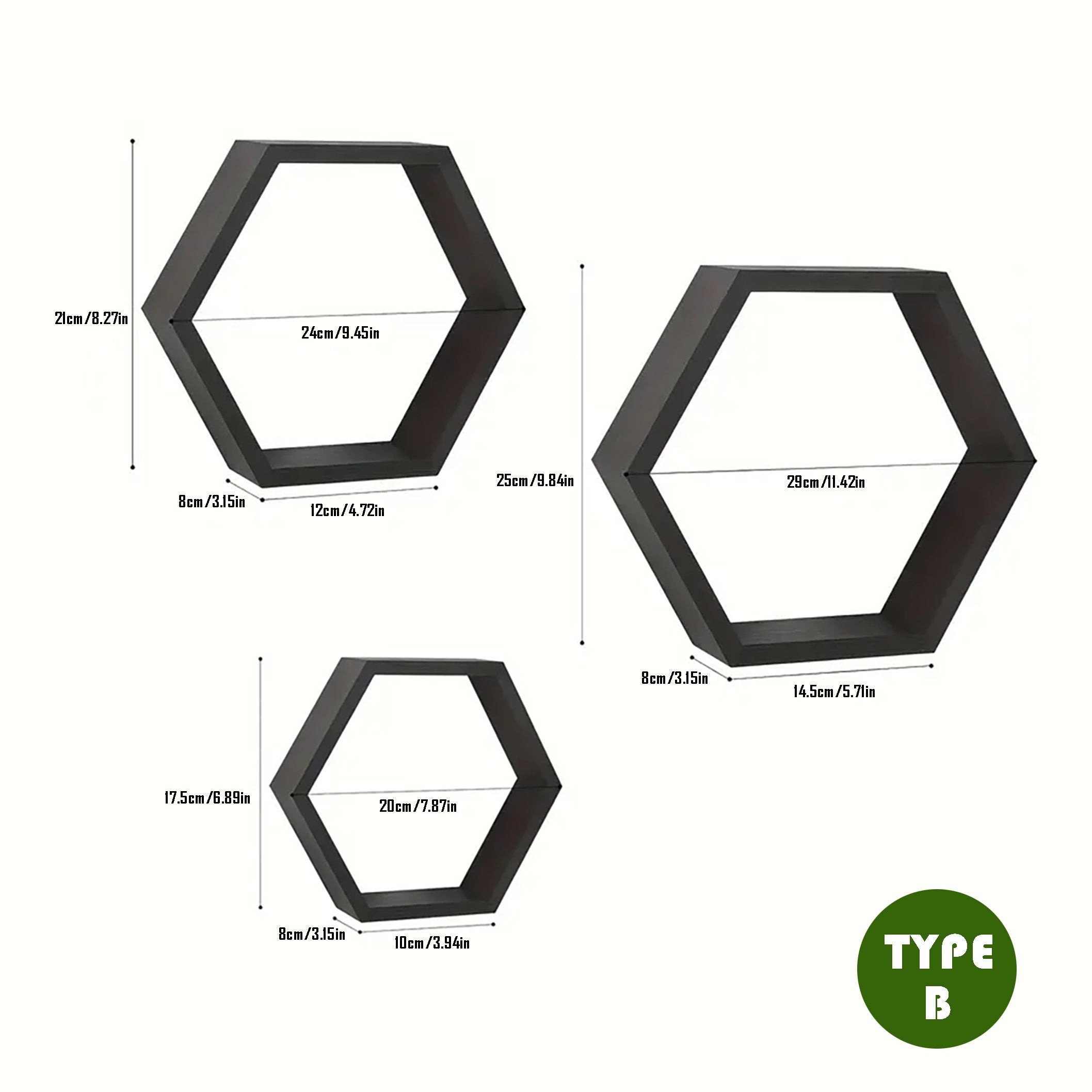 HexaWood - Set di 3 Mensole Esagonali in Legno Sospese per Spazi Abitativi e di Lavoro