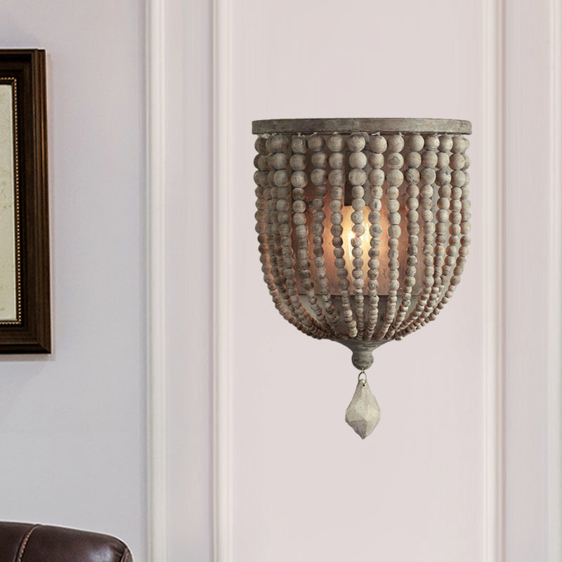 Rustic Beaded Lamp - Wooden Wall Lamp with Gray Beads for Living Room