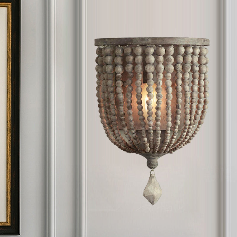 Rustic Beaded Lamp - Wooden Wall Lamp with Gray Beads for Living Room
