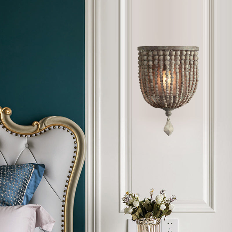 Rustic Beaded Lamp - Wooden Wall Lamp with Gray Beads for Living Room