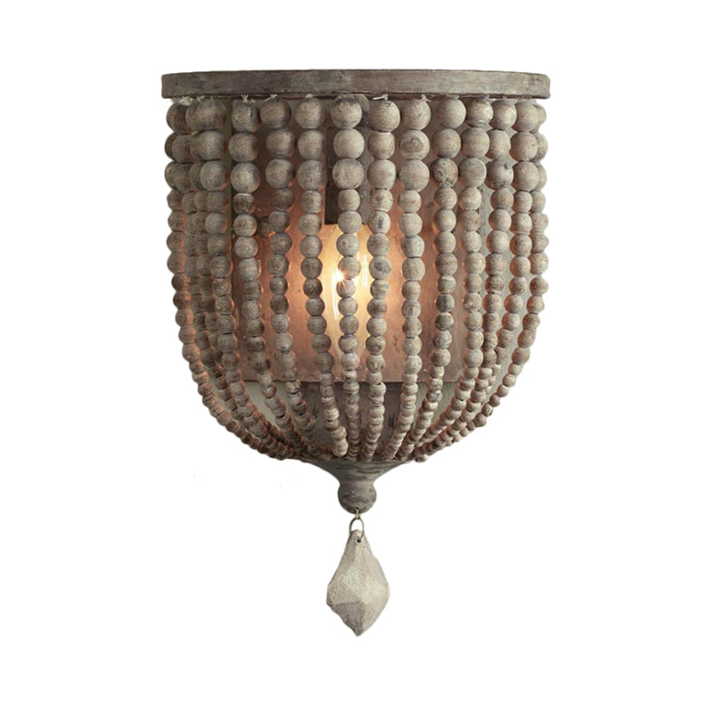 Rustic Beaded Lamp - Wooden Wall Lamp with Gray Beads for Living Room