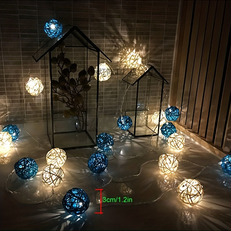 LuxeGlow - Blue White Rattan Light Strings 2m 20 LEDs, Battery-Powered Decorative Lighting