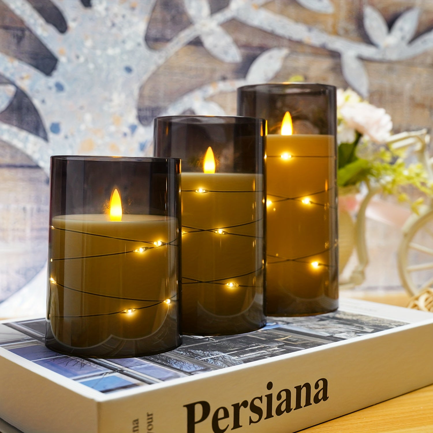 Candele LED senza fiamma con ghirlanda luminosa a forma di stella – Confezione da 3 grigie (D3*H10,16cm12,7cm15,24cm) Include telecomando e timer