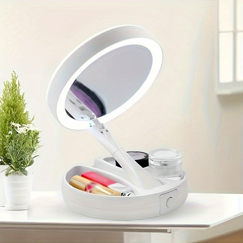 Opvouwbare Make-up Spiegel met LED Verlichting en Opbergbox – Dubbelzijdige 1X en 10X Vergrotende Spiegel voor Tafel of Kaptafel