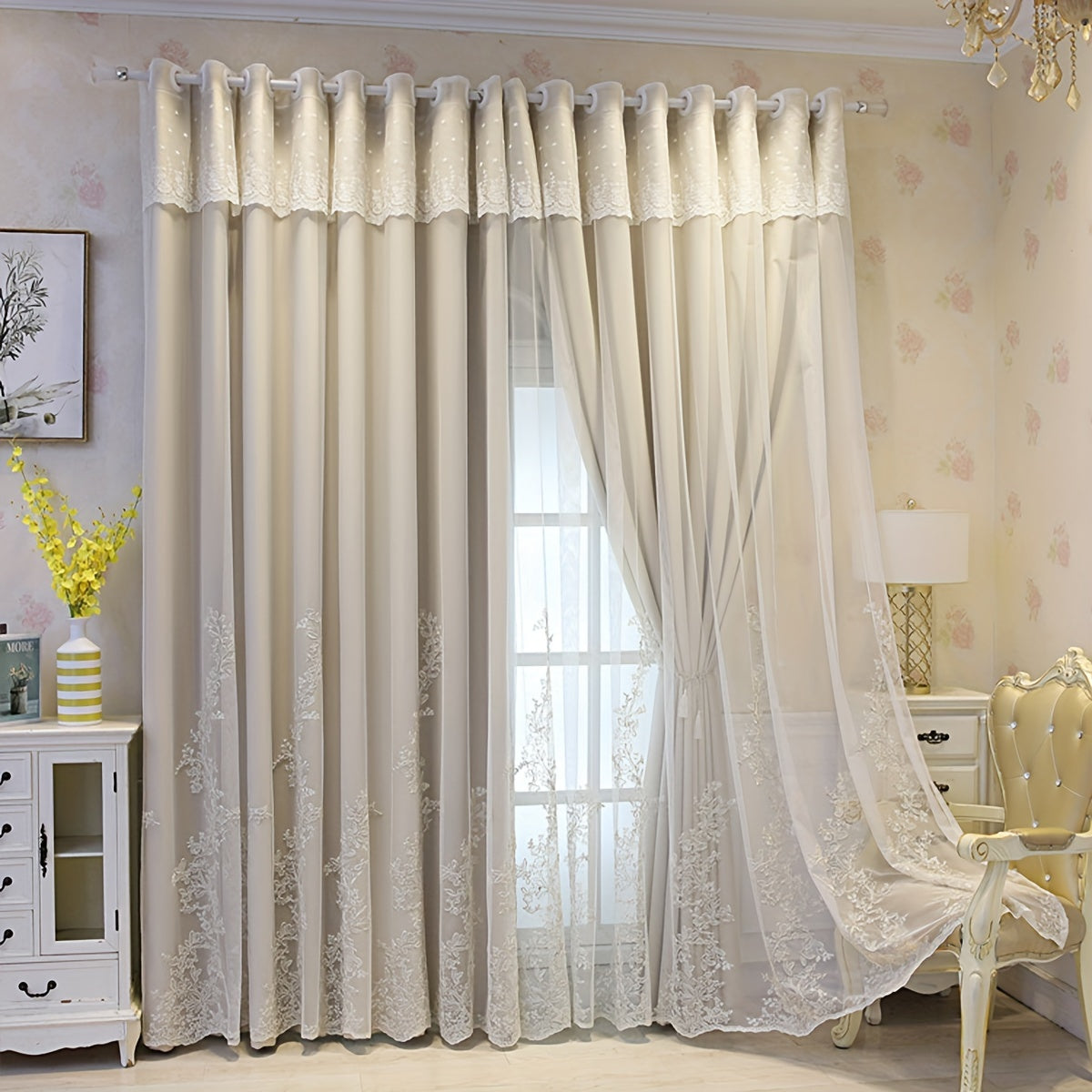 2 Pezzi Tenda Ricamata con Fate Elfiche - Pannelli di Tenda Traslucidi con Tessuto Integrato e Anelli