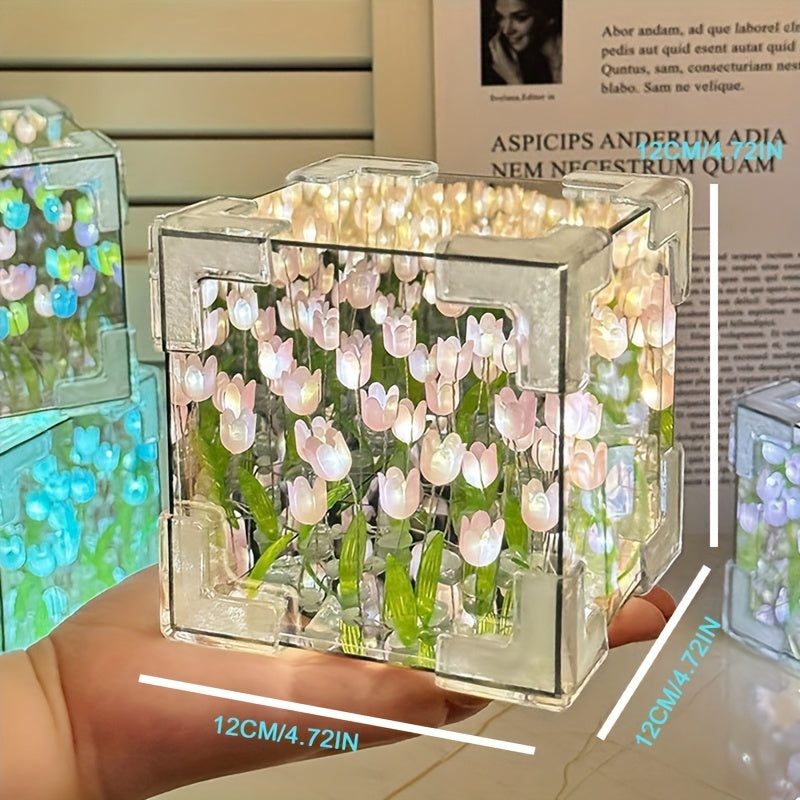 TulipGlow - Candeeiro de noite LED de tulipas feito à mão e espelho