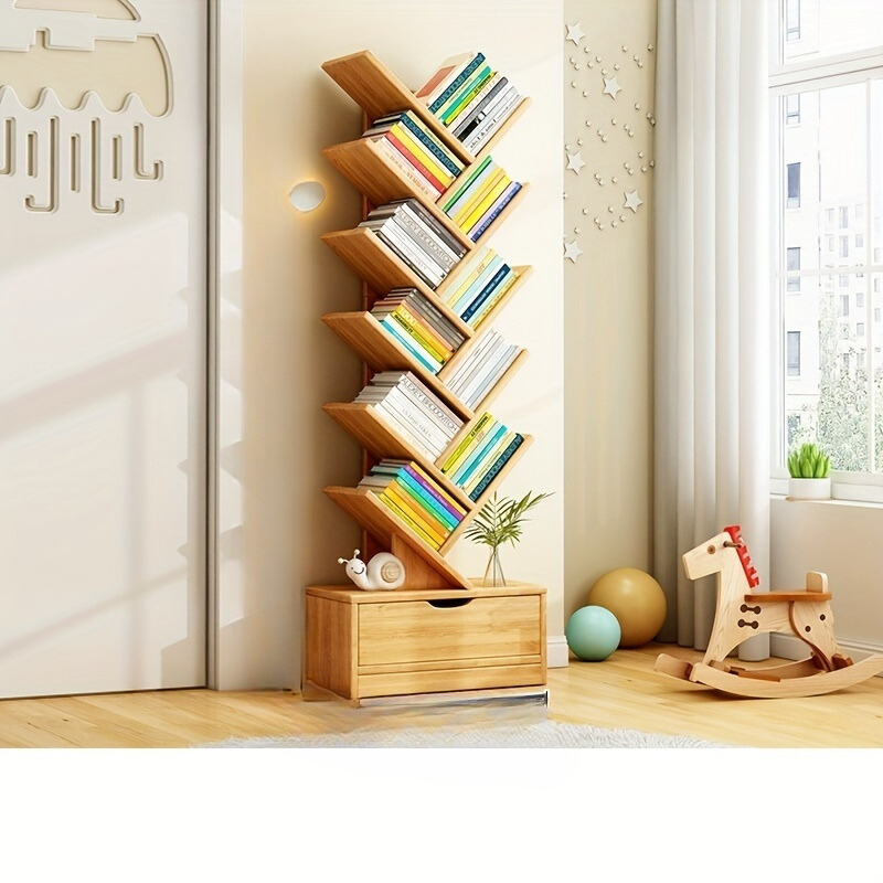 TreeShelf - Verticale Houten Boekenkast met Scheve Planken voor Woonkamer, Vrijstaand Ontwerp