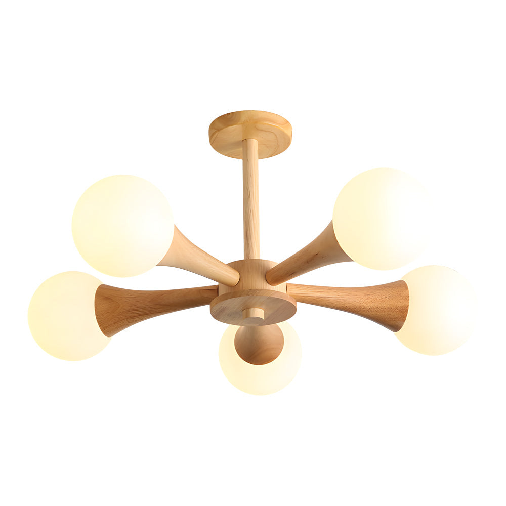 NordicGlow - Scandinavische Houten Kroonluchter met Glazen Lampenkappen