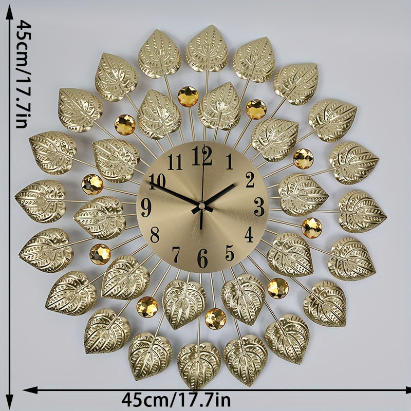 Reloj de pared moderno y silencioso con diseño de hojas doradas – Metal, reloj redondo, batería AA, sin tic-tac para sala de estar y comedor