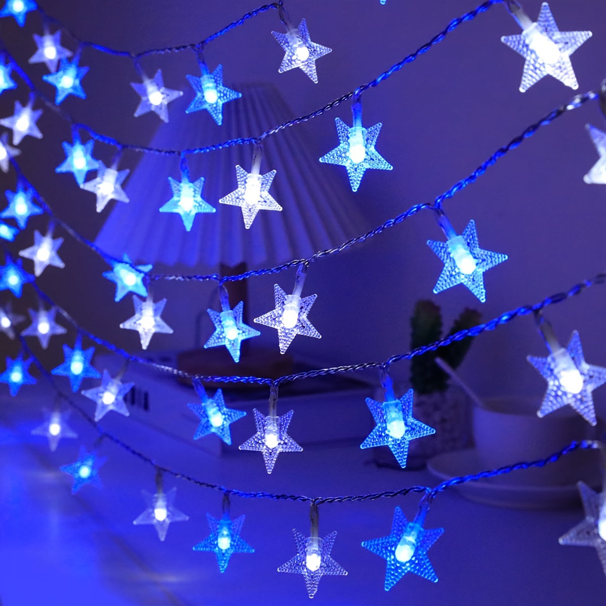 LuxeGlow - Blue & White Star LED String Lights on Batteries, Perfect