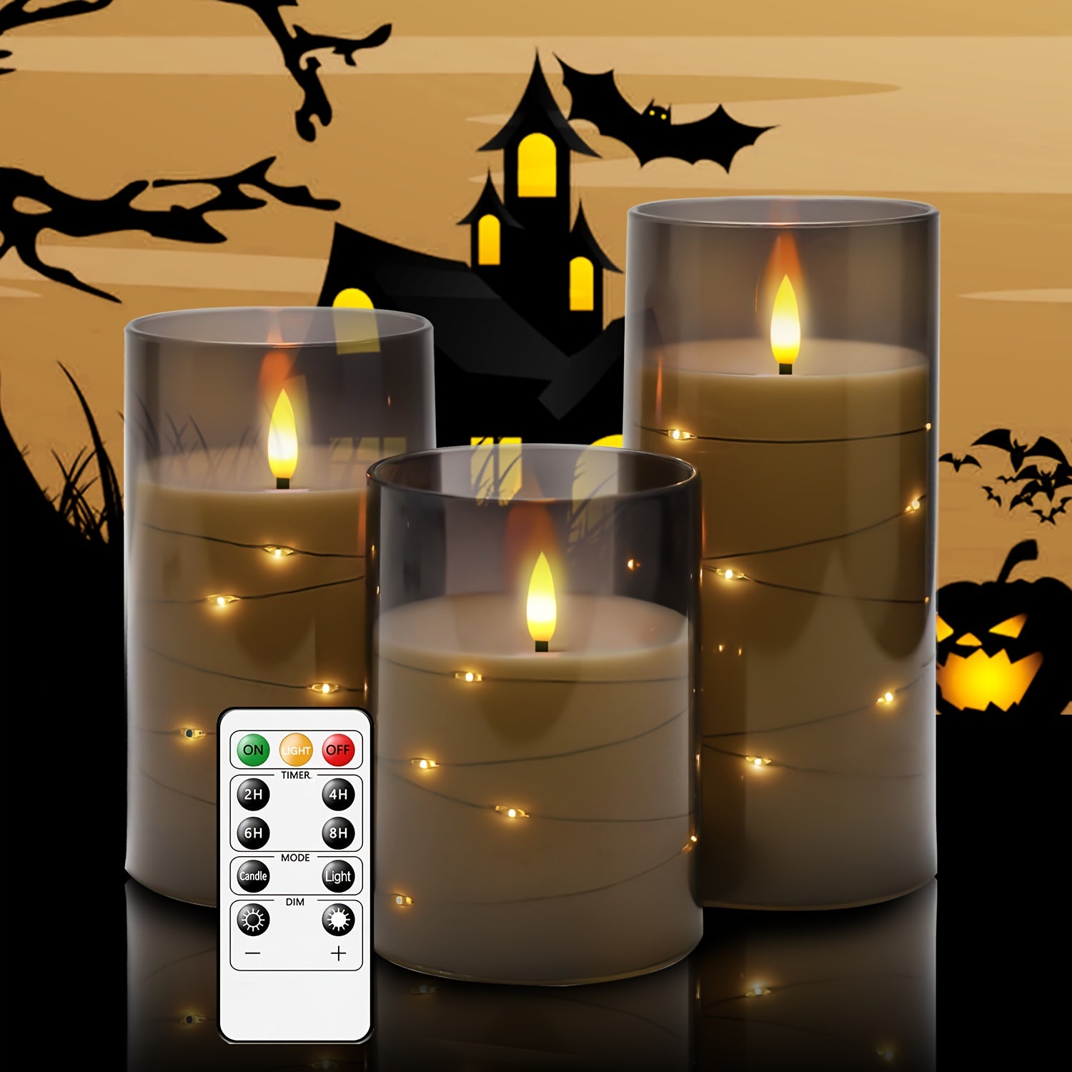 Candele LED senza fiamma con ghirlanda luminosa a forma di stella – Confezione da 3 grigie (D3*H10,16cm12,7cm15,24cm) Include telecomando e timer