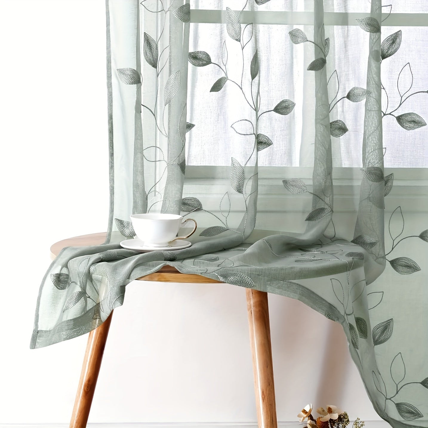 Blad Ricamo Tende Trasparenti - 2 Pezzi con Astuccio per Bastone per Camera da Letto e Soggiorno