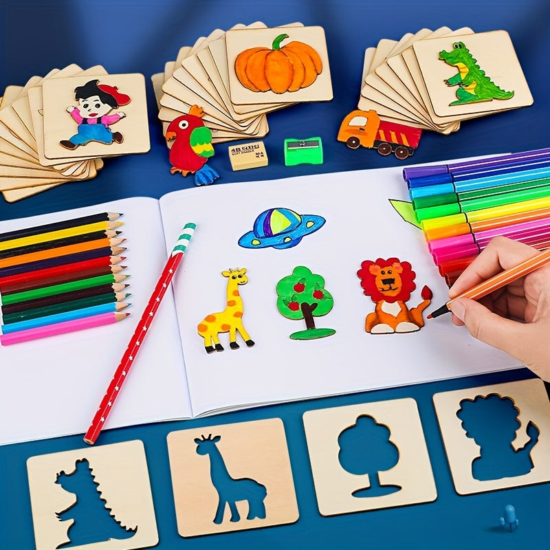 Set de Juguetes de Dibujo Montessori de 20 Piezas - Plantillas de Pintura de Madera DIY Juguete Educativo para Aprender