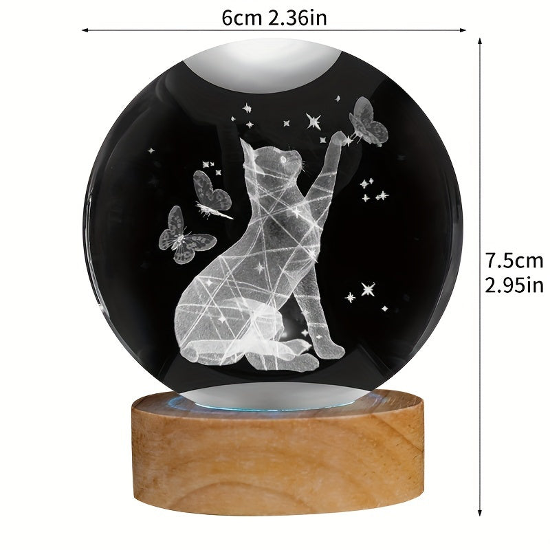 CrystalGlow - Lámpara nocturna de bola de cristal 3D Kat & Vlinder con base de madera