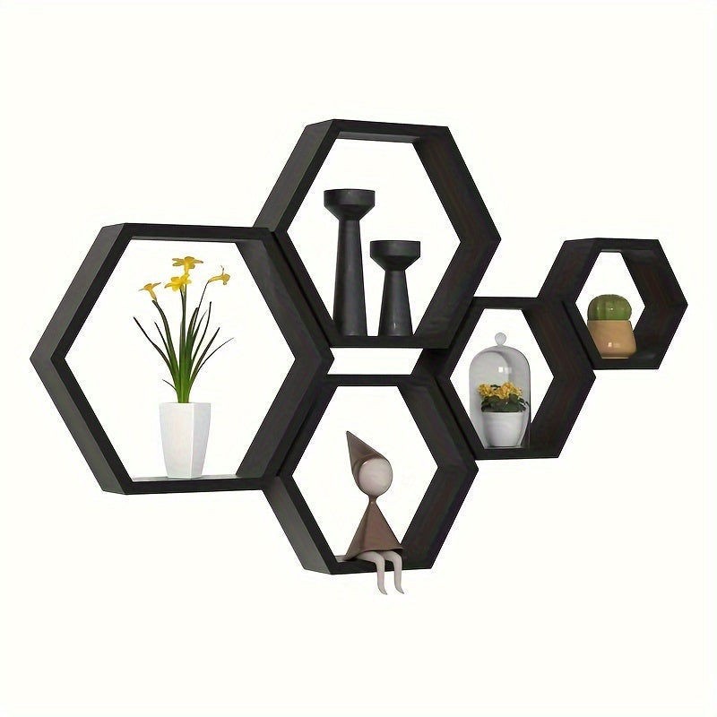 HexaWood - Set di 3 Mensole Esagonali in Legno Sospese per Spazi Abitativi e di Lavoro