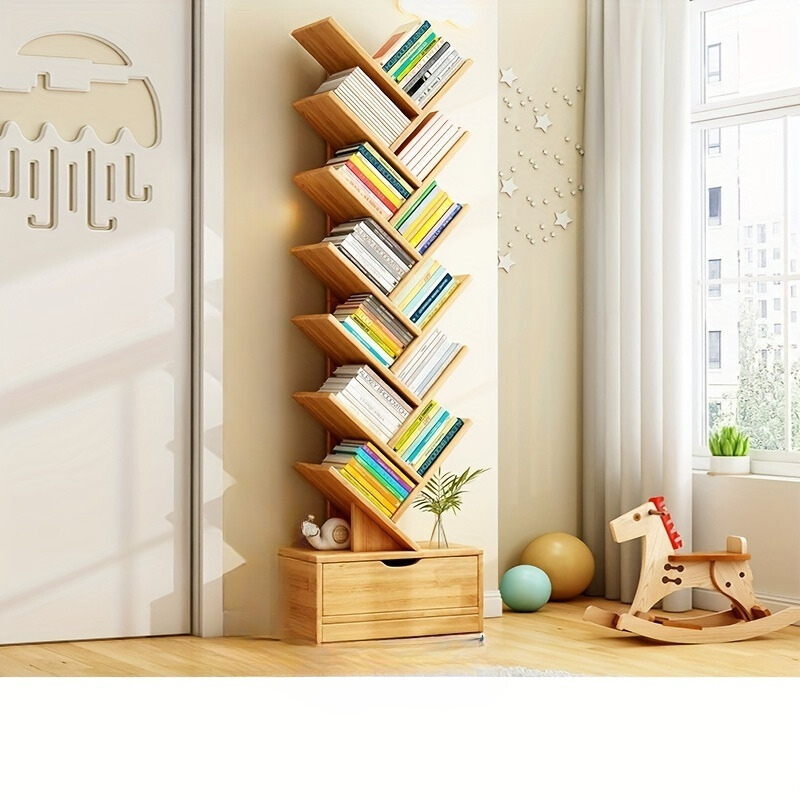 TreeShelf - Verticale Houten Boekenkast met Scheve Planken voor Woonkamer, Vrijstaand Ontwerp