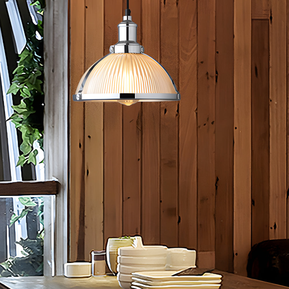 1-Light Retro Pendant Lamp with Striped Glass Shade