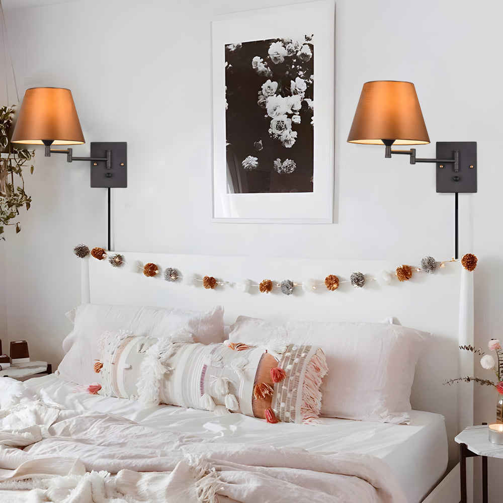 1-Light Plug-In Swivel Arm Wall Lamp with Linen Shade