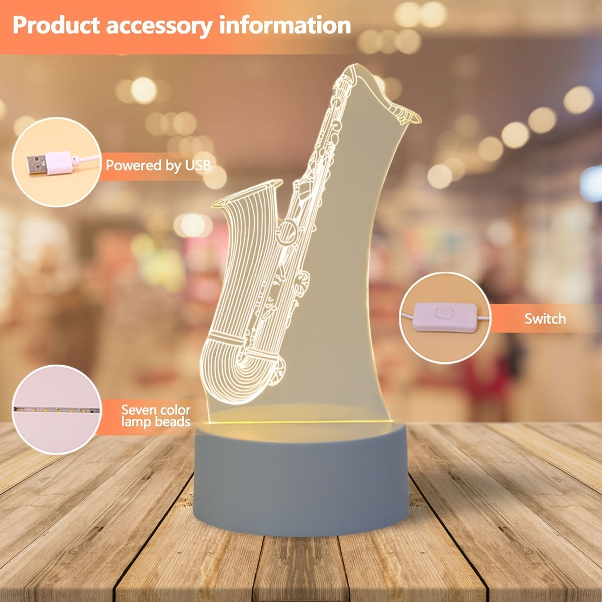 SaxGlow - 3D Saxofoon LED Nachtlamp, USB-Aangedreven Tafellamp