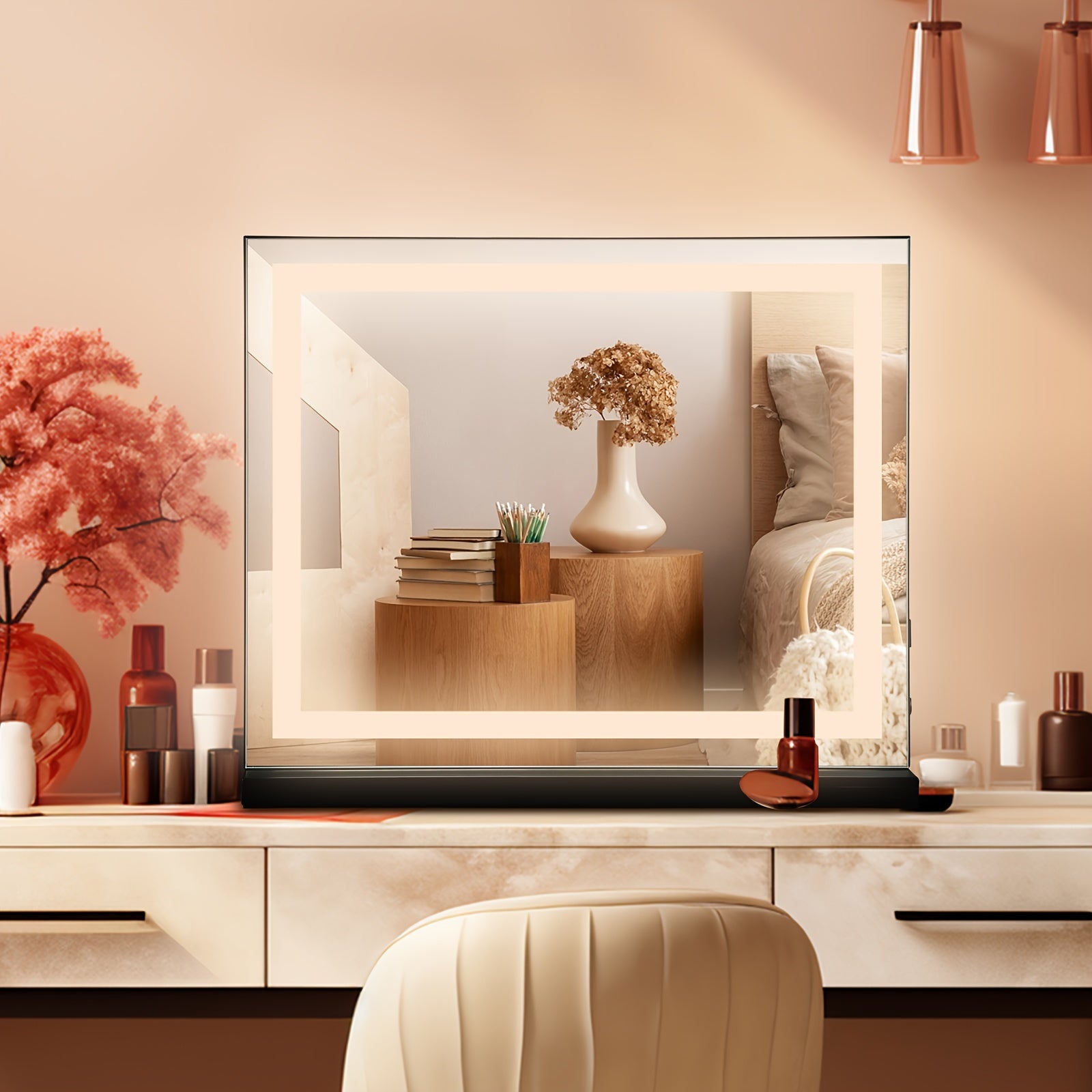 LED Make-up Mirror – Horizontal Light Strip, Smart Touch Control, USB-Powered, Portable Glowing Mirror