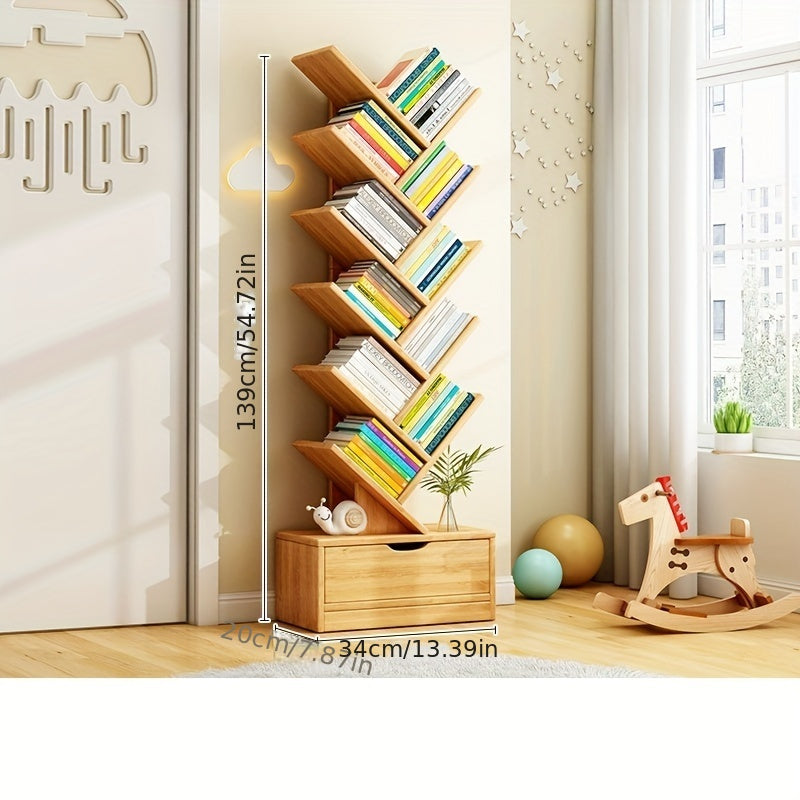 TreeShelf - Verticale Houten Boekenkast met Scheve Planken voor Woonkamer, Vrijstaand Ontwerp