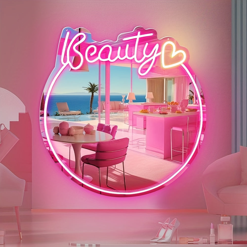 Beauty Neon Spiegel - Wandmontage, USB-Aangedreven Spiegellicht voor Meisjeskamer of Beautysalon