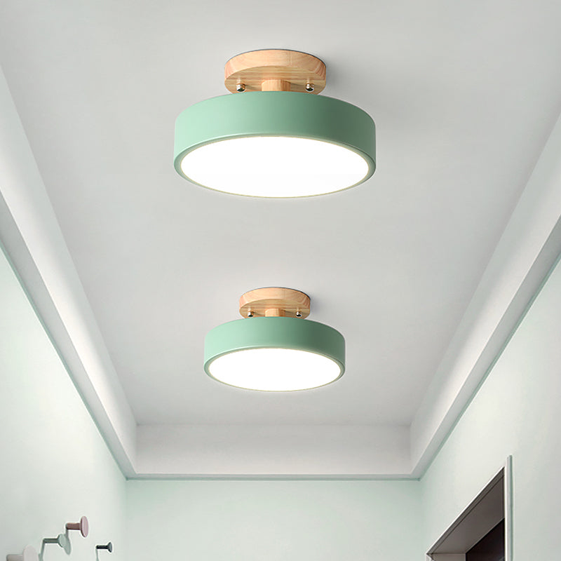 Lampada da soffitto LED a tamburo scandinava con legno per corridoio