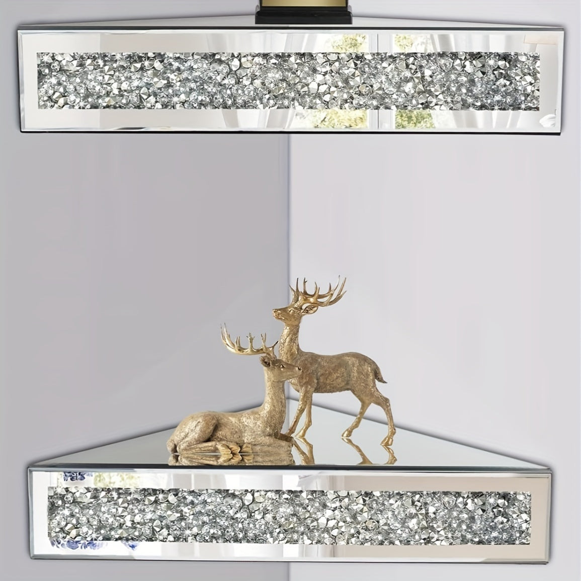 CrystalGlam - Zwevende Hoekplank Set met Glas en Spiegelafwerking voor Slaapkamer