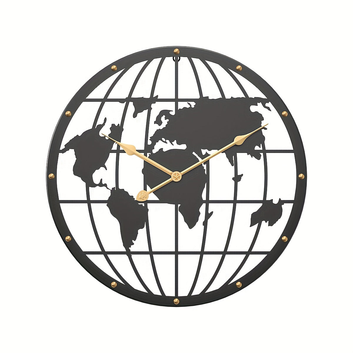 World Map Wall Clock - Silent 40cm Metal Clock with Gold Numbers