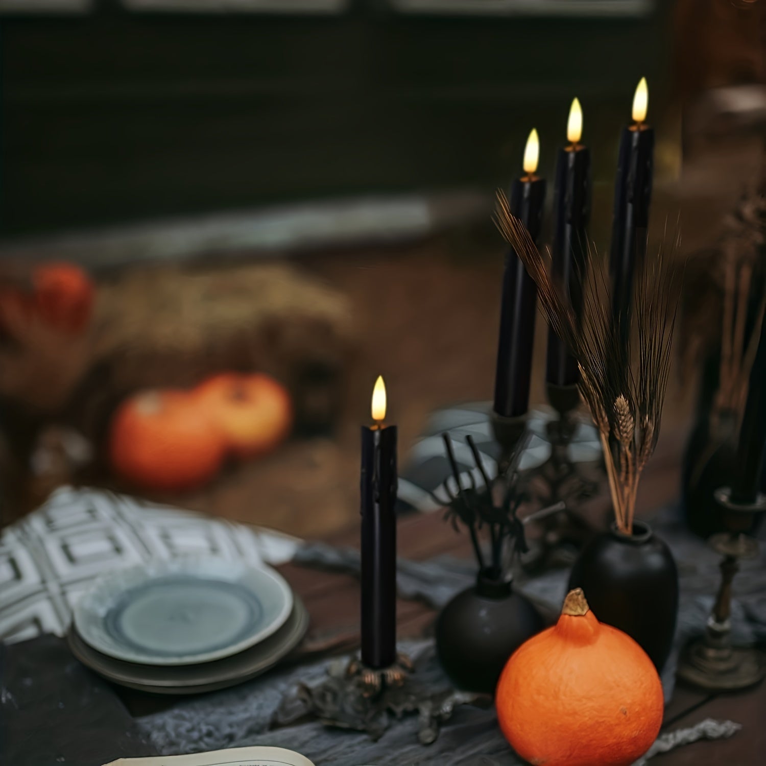 6x Candele a Stelo Senza Fiamma Flickerende con Telecomando – 19,05 cm, Candele LED Nere con Timer e Effetto Cera Gocciolante