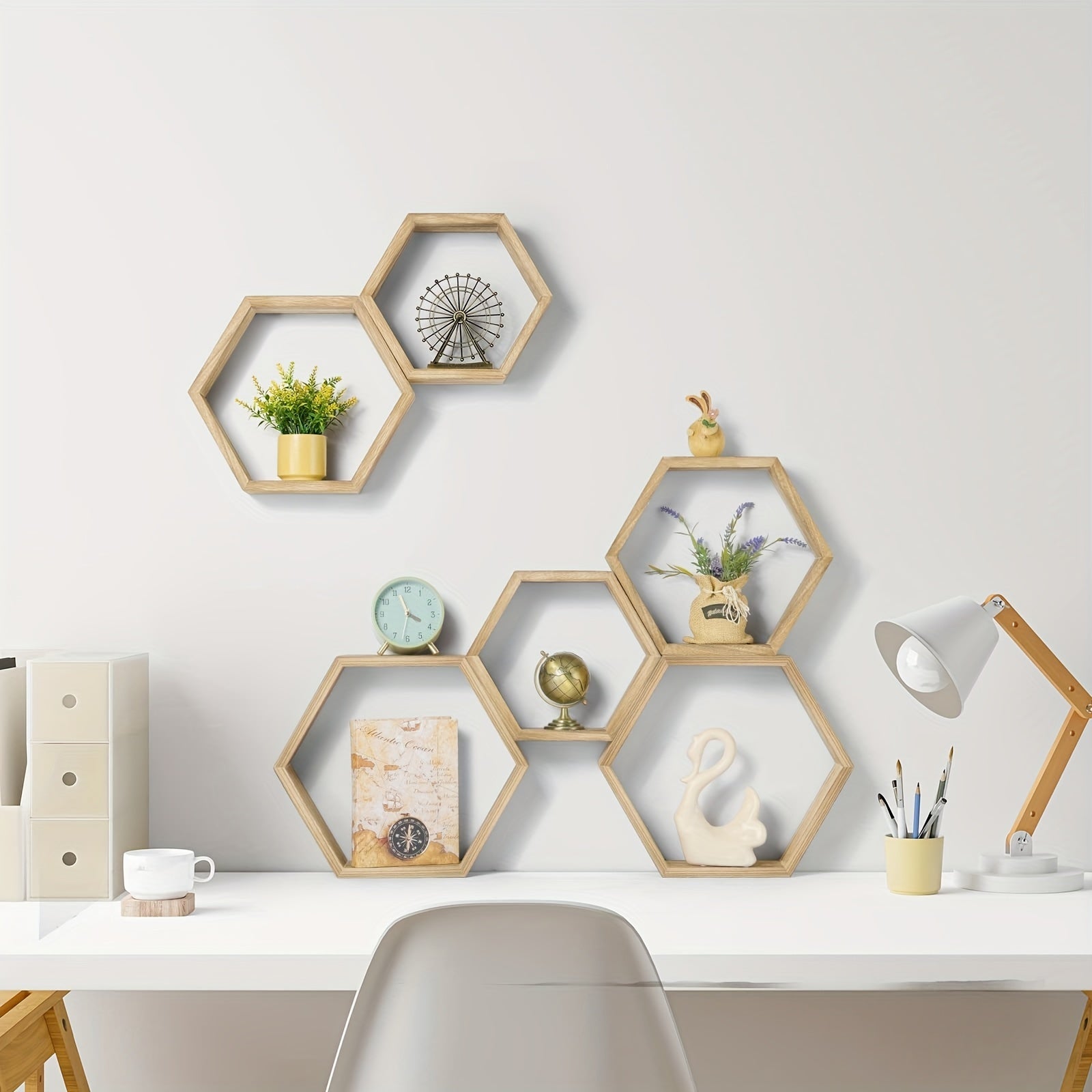 HexaWood - 3 Stuks Houten Zeshoekige Zwevende Wandplanken voor Keuken, Woonkamer & Slaapkamer