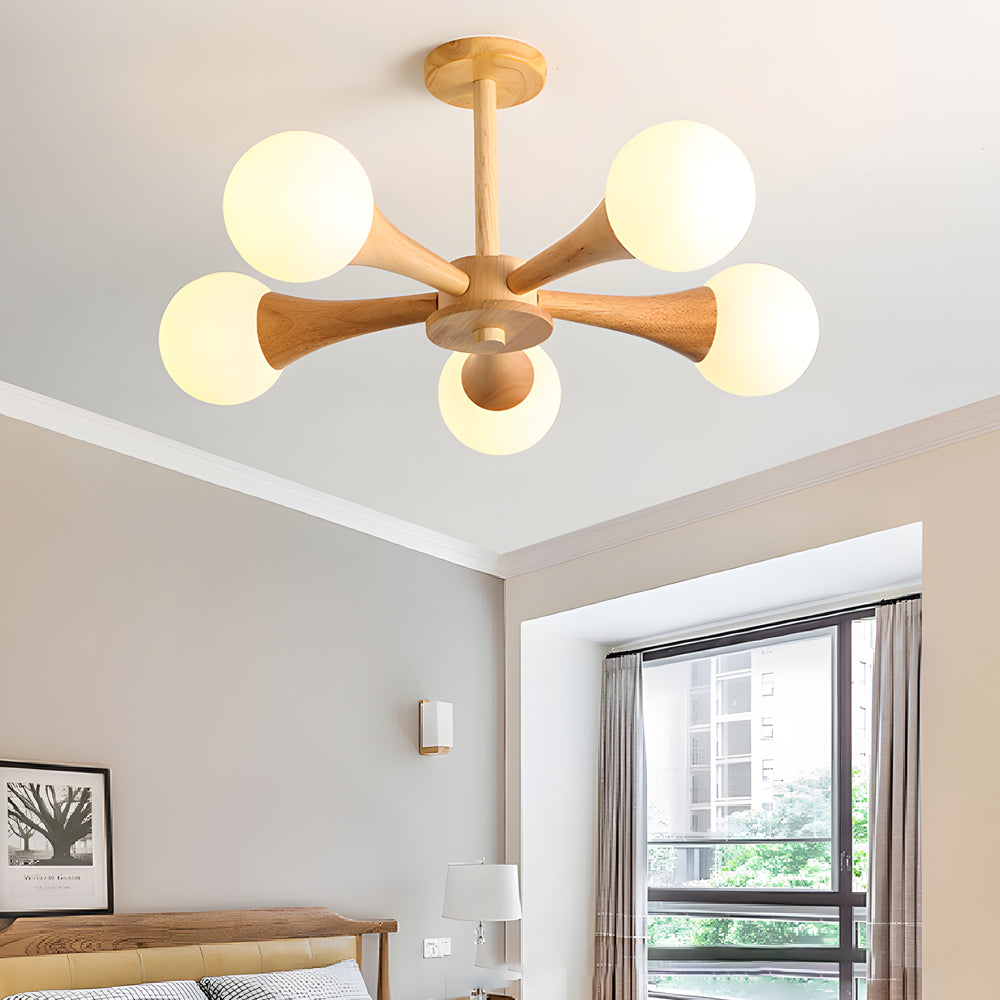 NordicGlow - Lámpara de araña escandinava de madera con pantallas de vidrio