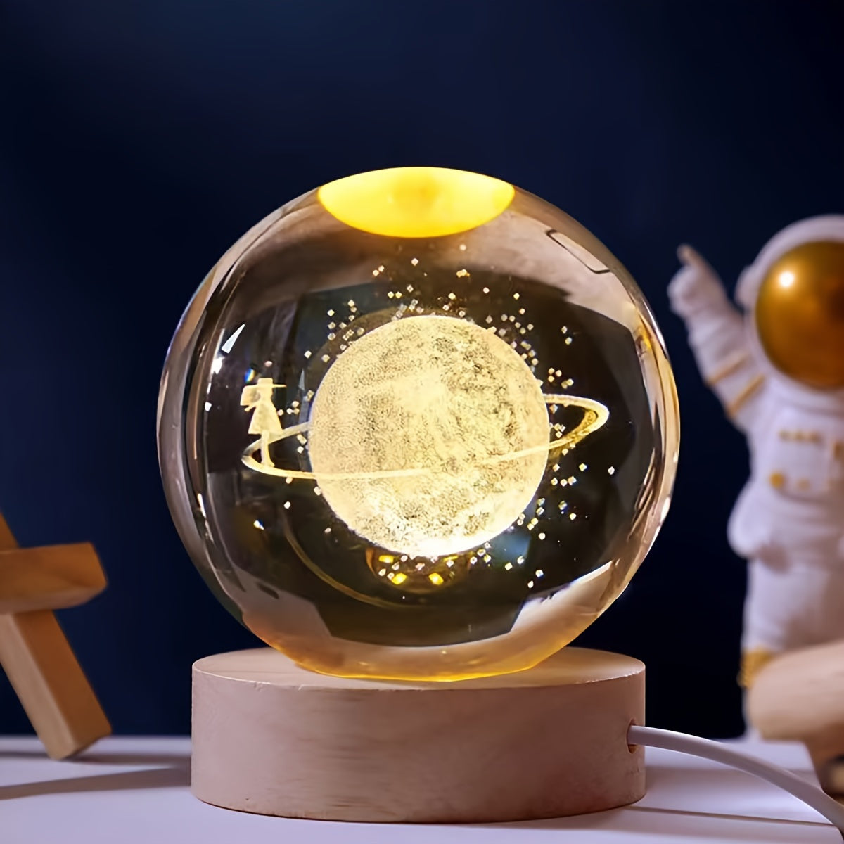 LuminaSphere - Lámpara de mesa LED de bola de cristal 3D con base de madera