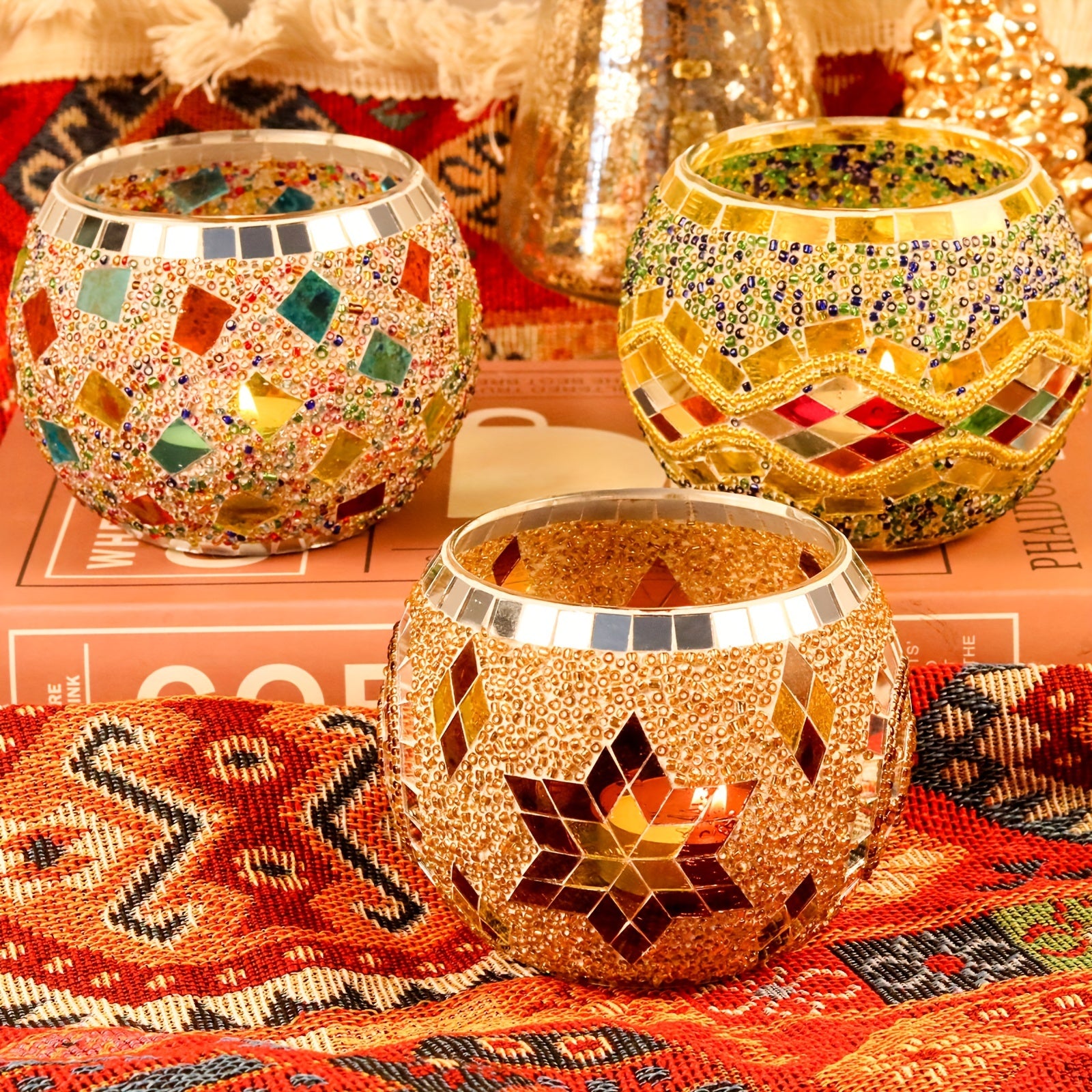 3-delige Mozaïek Kaarshouder Set - Handgemaakte Unieke Kandelaren