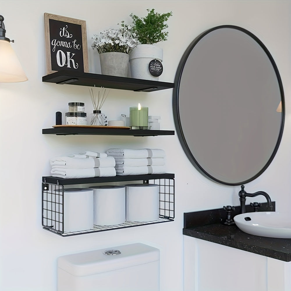 RusticWood - Houten Zwevende Wandplank Set met Opslagmand