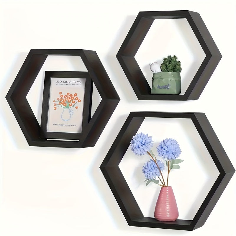 HexaWood - Set di 3 Mensole Esagonali in Legno Sospese per Spazi Abitativi e di Lavoro