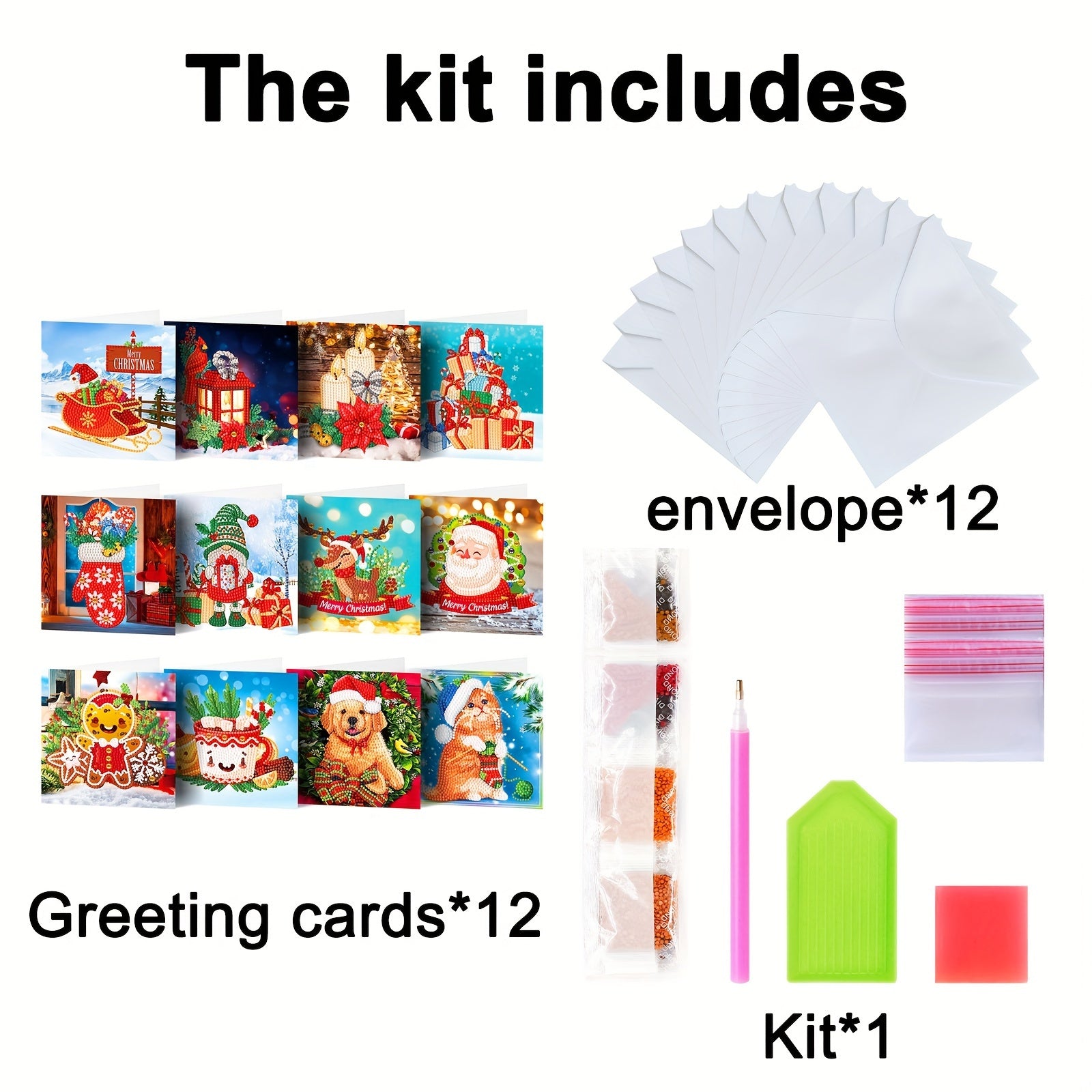 Set de 12 Tarjetas de Felicitación con Pintura de Diamantes - Mosaico Hecho a Mano para Navidad y Año Nuevo, Personalizable con Mensajes Cálidos