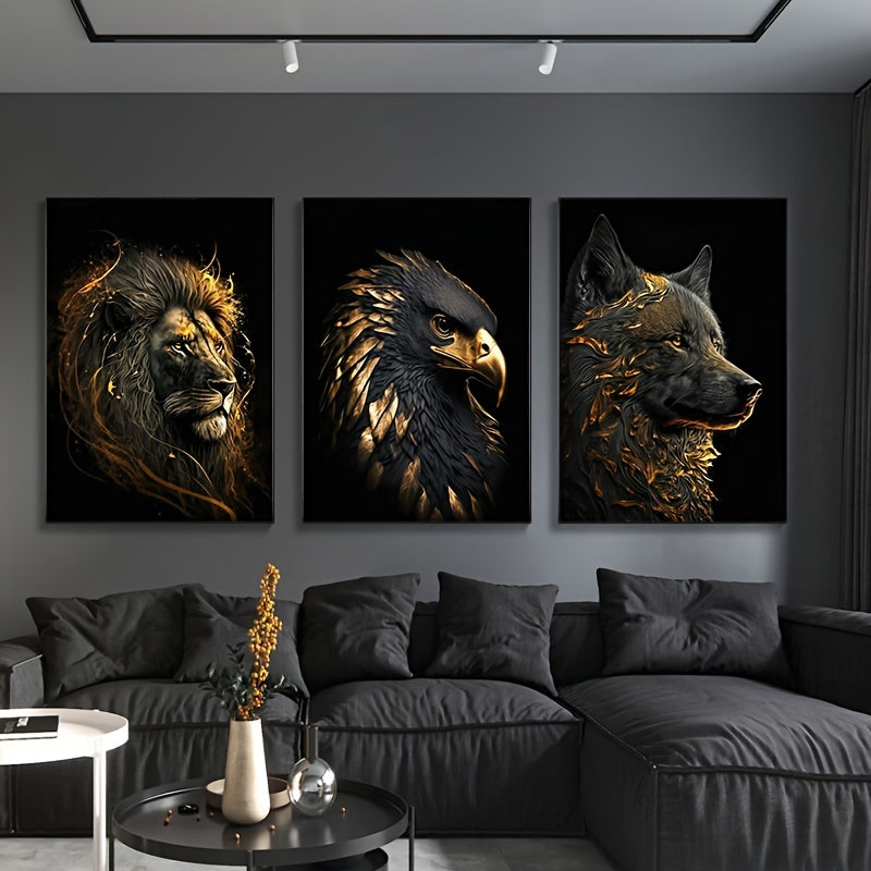 3 piezas póster en lienzo sin marco - Arte moderno, pinturas abstractas del León Dorado y Águila, regalo ideal para dormitorio, sala de estar, pasillo, decoración de pared, decoración de invierno, decoración de habitación