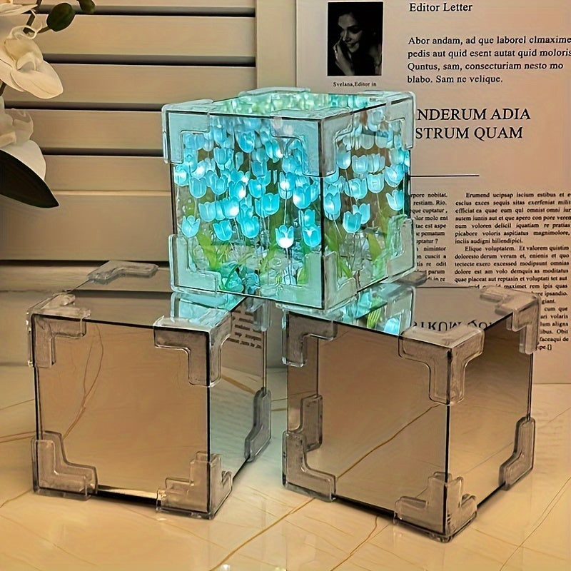 TulipGlow - Candeeiro de noite LED de tulipas feito à mão e espelho